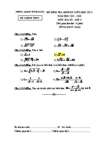 Đề kiểm tra định kỳ giữa học kỳ I môn Đại số Lớp 9 - Năm học 2015-2016 - Phòng GD&ĐT Bình Giang (Kèm hướng dẫn chấm)