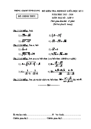 Đề kiểm tra định kỳ giữa học kỳ I môn Đại số Lớp 9 - Năm học 2015-2016 - Phòng GD&ĐT Bình Giang (Có đáp án)