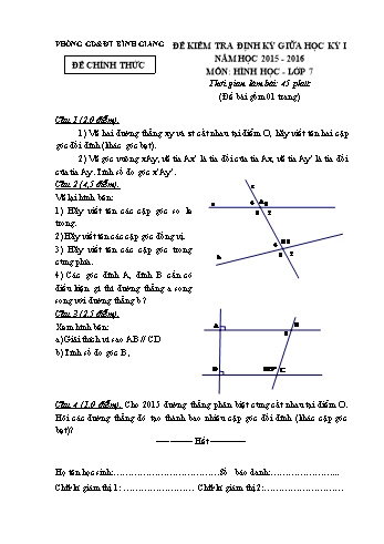 Đề kiểm tra định kỳ giữa học kỳ I môn Hình học Lớp 7 - Năm học 2015-2016 - Phòng GD&ĐT Bình Giang (Kèm hướng dẫn chấm)