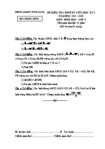Đề kiểm tra định kỳ giữa học kỳ I môn Hình học Lớp 8 - Năm học 2015-2016 - Phòng GD&ĐT Bình Giang (Có đáp án)