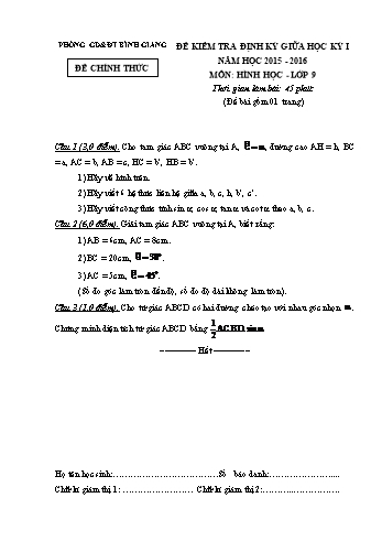 Đề kiểm tra định kỳ giữa học kỳ I môn Hình học Lớp 9 - Năm học 2015-2016 - Phòng GD&ĐT Bình Giang (Có đáp án)