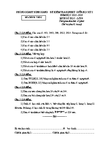 Đề kiểm tra định kỳ giữa học kỳ I môn Số học Lớp 6 - Năm học 2015-2016 - Phòng GD&ĐT Bình Giang (Có đáp án)