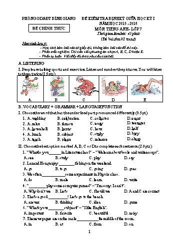 Đề kiểm tra định kỳ giữa học kỳ I môn Tiếng Anh Lớp 7 - Năm học 2015-2016 - Phòng GD&ĐT Bình Giang