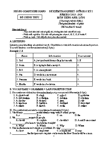 Đề kiểm tra định kỳ giữa học kỳ I môn Tiếng Anh Lớp 8 (Chương trình thí điểm) - Năm học 2015-2016 - Phòng GD&ĐT Bình Giang