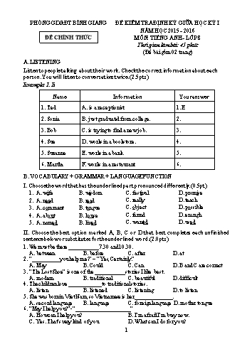 Đề kiểm tra định kỳ giữa học kỳ I môn Tiếng Anh Lớp 8 - Năm học 2015-2016 - Phòng GD&ĐT Bình Giang