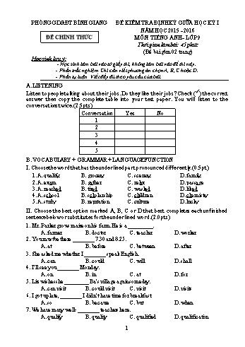 Đề kiểm tra định kỳ giữa học kỳ I môn Tiếng Anh Lớp 9 - Năm học 2015-2016 - Phòng GD&ĐT Bình Giang