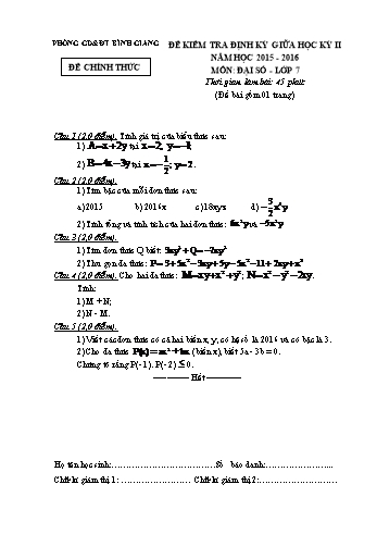 Đề kiểm tra định kỳ giữa học kỳ II môn Đại số Lớp 7 - Năm học 2015-2016 - Phòng GD&ĐT Bình Giang (Có đáp án)