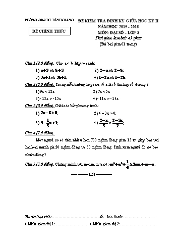 Đề kiểm tra định kỳ giữa học kỳ II môn Đại số Lớp 8 - Năm học 2015-2016 - Phòng GD&ĐT Bình Giang (Có đáp án)