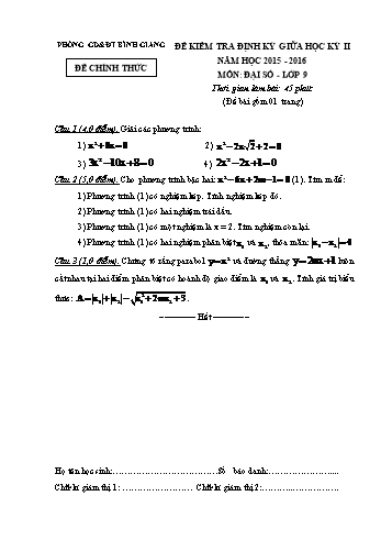 Đề kiểm tra định kỳ giữa học kỳ II môn Đại số Lớp 9 - Năm học 2015-2016 - Phòng GD&ĐT Bình Giang (Có đáp án)