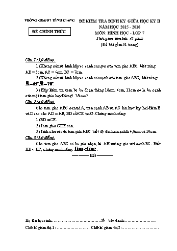 Đề kiểm tra định kỳ giữa học kỳ II môn Hình học Lớp 7 - Năm học 2015-2016 - Phòng GD&ĐT Bình Giang (Có đáp án)