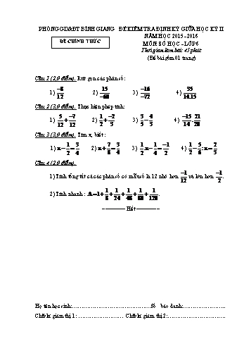 Đề kiểm tra định kỳ giữa học kỳ II môn Số học Lớp 6 - Năm học 2015-2016 - Phòng GD&ĐT Bình Giang (Có đáp án)
