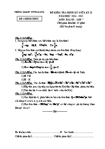 Đề kiểm tra định kỳ giữa kỳ II môn Đại số Lớp 7 - Năm học 2014-2015 - Phòng GD&ĐT Bình Giang (Có đáp án)