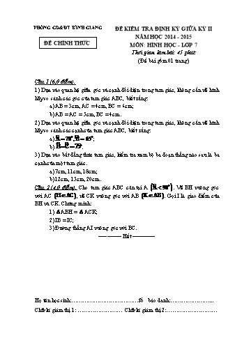 Đề kiểm tra định kỳ giữa kỳ II môn Hình học Lớp 7 - Năm học 2014-2015 - Phòng GD&ĐT Bình Giang (Có đáp án)