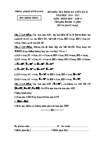 Đề kiểm tra định kỳ giữa kỳ II môn Hình học Lớp 8 - Năm học 2014-2015 - Phòng GD&ĐT Bình Giang (Có đáp án)