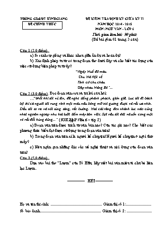 Đề kiểm tra định kỳ giữa kỳ II môn Ngữ văn Lớp 6 - Năm học 2014-2015 - Phòng GD&ĐT Bình Giang (Có đáp án)