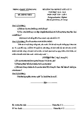 Đề kiểm tra định kỳ giữa kỳ II môn Ngữ văn Lớp 7 - Năm học 2014-2015 - Phòng GD&ĐT Bình Giang (Có đáp án)