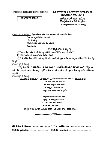 Đề kiểm tra định kỳ giữa kỳ II môn Ngữ văn Lớp 9 - Năm học 2014-2015 - Phòng GD&ĐT Bình Giang (Có đáp án)