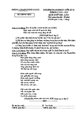 Đề kiểm tra định kỳ giữa kỳ II môn Ngữ văn Lớp 9 - Năm học 2015-2016 - Phòng GD&ĐT Bình Giang (Có đáp án)