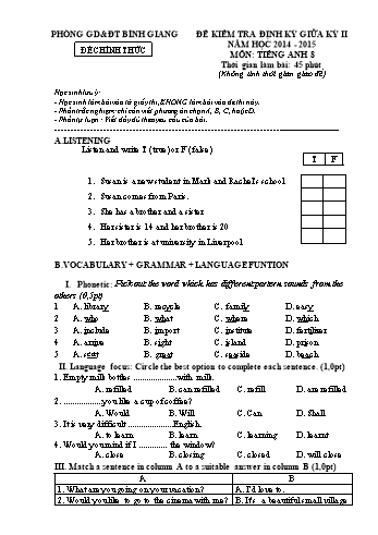 Đề kiểm tra định kỳ giữa kỳ II môn Tiếng Anh Lớp 8 - Năm học 2014-2015 - Phòng GD&ĐT Bình Giang (Có đáp án)