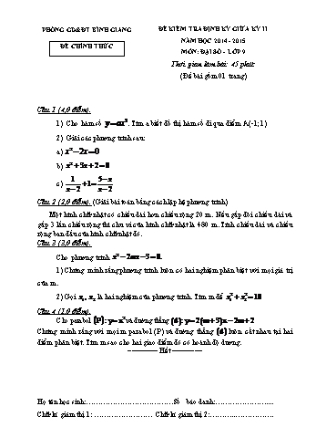 Đề kiểm tra định kỳ giữa kỳ II môn Toán Lớp 9 - Năm học 2014-2015 - Phòng GD&ĐT Bình Giang (Có đáp án)