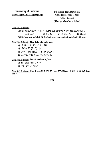 Đề kiểm tra định kỳ môn Toán Lớp 6 - Năm học 2014-2015 - Trường THCS Chu Văn An (Kèm hướng dẫn chấm)