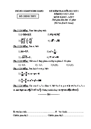 Đề kiểm tra giữa học kỳ I môn Đại số Lớp 7 - Năm học 2017-2018 - Phòng GD&ĐT Bình Giang (Có đáp án)
