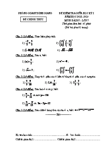 Đề kiểm tra giữa học kỳ I môn Đại số Lớp 7 - Năm học 2018-2019 - Phòng GD&ĐT Bình Giang (Có đáp án)