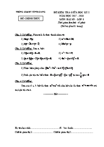 Đề kiểm tra giữa học kỳ I môn Đại số Lớp 8 - Năm học 2017-2018 - Phòng GD&ĐT Bình Giang (Có đáp án)