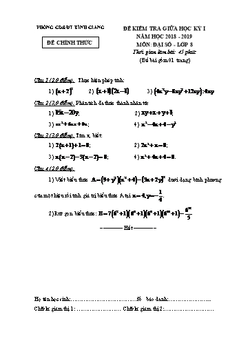 Đề kiểm tra giữa học kỳ I môn Đại số Lớp 8 - Năm học 2018-2019 - Phòng GD&ĐT Bình Giang (Có đáp án)