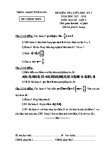 Đề kiểm tra giữa học kỳ I môn Đại số Lớp 9 - Năm học 2017-2018 - Phòng GD&ĐT Bình Giang (Có đáp án)
