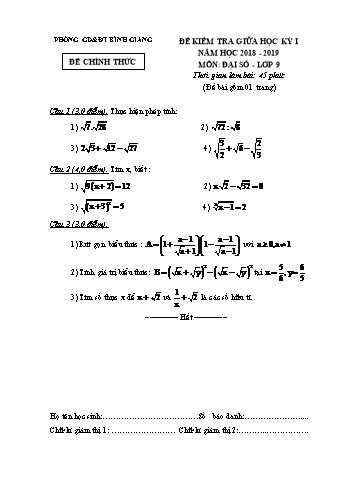 Đề kiểm tra giữa học kỳ I môn Đại số Lớp 9 - Năm học 2018-2019 - Phòng GD&ĐT Bình Giang (Có đáp án)