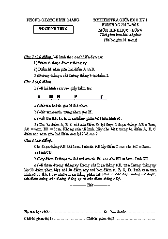 Đề kiểm tra giữa học kỳ I môn Hình học Lớp 6 - Năm học 2017-2018 - Phòng GD&ĐT Bình Giang (Có đáp án)