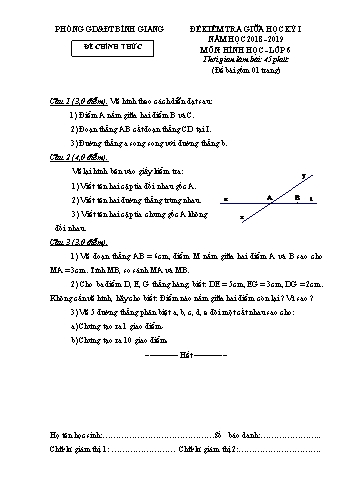 Đề kiểm tra giữa học kỳ I môn Hình học Lớp 6 - Năm học 2018-2019 - Phòng GD&ĐT Bình Giang (Có đáp án)