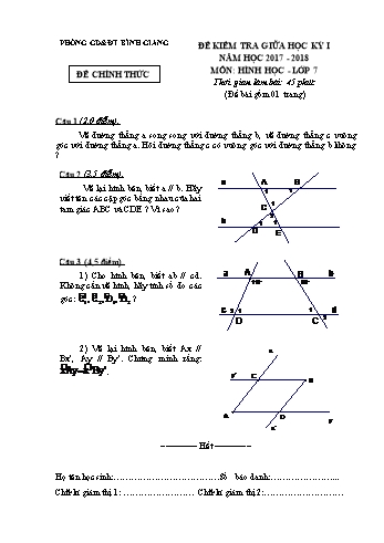 Đề kiểm tra giữa học kỳ I môn Hình học Lớp 7 - Năm học 2017-2018 - Phòng GD&ĐT Bình Giang (Có đáp án)