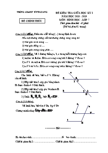 Đề kiểm tra giữa học kỳ I môn Hình học Lớp 7 - Năm học 2018-2019 - Phòng GD&ĐT Bình Giang (Có đáp án)