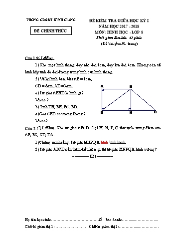 Đề kiểm tra giữa học kỳ I môn Hình học Lớp 8 - Năm học 2017-2018 - Phòng GD&ĐT Bình Giang (Có đáp án)