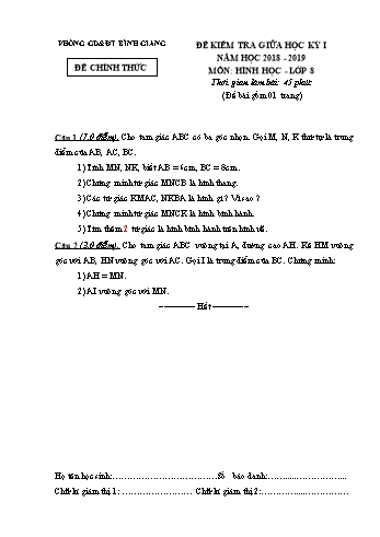 Đề kiểm tra giữa học kỳ I môn Hình học Lớp 8 - Năm học 2018-2019 - Phòng GD&ĐT Bình Giang (Có đáp án)