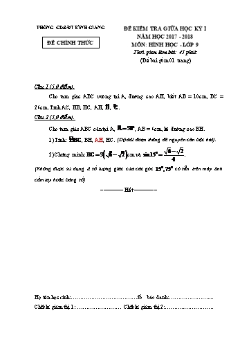 Đề kiểm tra giữa học kỳ I môn Hình học Lớp 9 - Năm học 2017-2018 - Phòng GD&ĐT Bình Giang (Có đáp án)