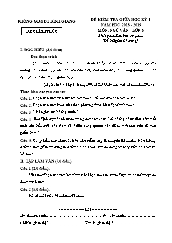 Đề kiểm tra giữa học kỳ I môn Ngữ văn Lớp 6 - Năm học 2018-2019 - Phòng GD&ĐT Bình Giang (Có đáp án)