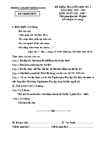 Đề kiểm tra giữa học kỳ I môn Ngữ văn Lớp 7 - Năm học 2018-2019 - Phòng GD&ĐT Bình Giang (Có đáp án)