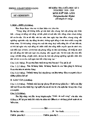 Đề kiểm tra giữa học kỳ I môn Ngữ văn Lớp 8 - Năm học 2018-2019 - Phòng GD&ĐT Bình Giang (Có đáp án)