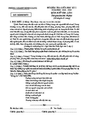 Đề kiểm tra giữa học kỳ I môn Ngữ văn Lớp 9 - Năm học 2018-2019 - Phòng GD&ĐT Bình Giang (Có đáp án)