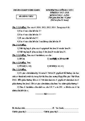 Đề kiểm tra giữa học kỳ I môn Số học Lớp 6 - Năm học 2017-2018 - Phòng GD&ĐT Bình Giang (Có đáp án)