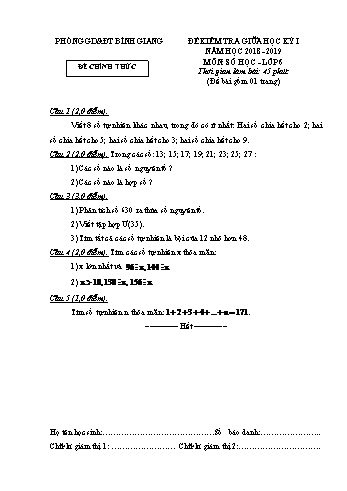 Đề kiểm tra giữa học kỳ I môn Số học Lớp 6 - Năm học 2018-2019 - Phòng GD&ĐT Bình Giang (Có đáp án)