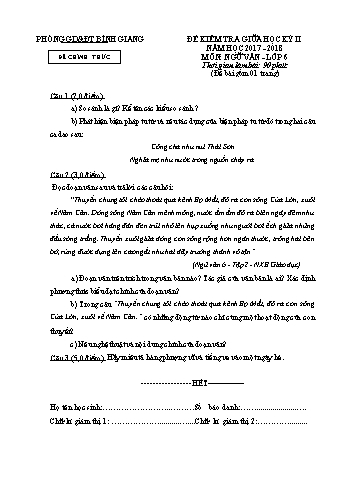 Đề kiểm tra giữa học kỳ II môn Ngữ văn Lớp 6 - Năm học 2017-2018 - Phòng GD&ĐT Bình Giang (Có đáp án)