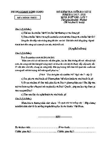 Đề kiểm tra giữa học kỳ II môn Ngữ văn Lớp 7 - Năm học 2017-2018 - Phòng GD&ĐT Bình Giang (Có đáp án)
