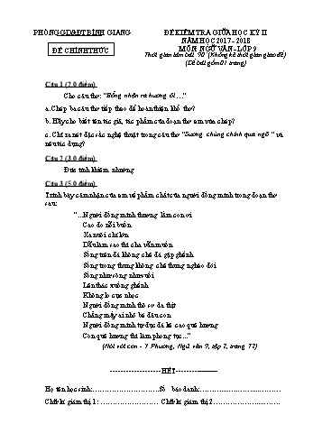 Đề kiểm tra giữa học kỳ II môn Ngữ văn Lớp 9 - Năm học 2017-2018 - Phòng GD&ĐT Bình Giang (Có đáp án)