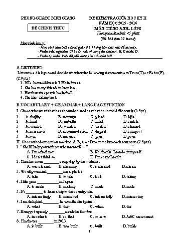 Đề kiểm tra giữa học kỳ II môn Tiếng Anh Lớp 8 - Năm học 2015-2016 - Phòng GD&ĐT Bình Giang (Có đáp án)