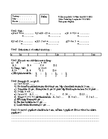 Đề kiểm tra giữa kì 2 môn Toán Lớp 2 - Năm học 2012-2013
