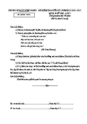 Đề kiểm tra giữa kỳ I môn Ngữ văn Lớp 7 - Năm học 2016-2017 - Phòng GD&ĐT Bình Giang (Có đáp án)